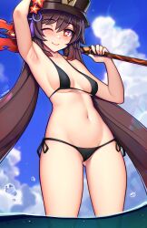 Rule 34 | 1girl, ;), alternate costume, arm up, armpits, bikini, black bikini, black hat, blue sky, blush, breasts, brown hair, cameltoe, closed mouth, cloud, cloudy sky, commentary, cowboy shot, day, english commentary, flower, flower-shaped pupils, genshin impact, gluteal fold, gradient hair, hair between eyes, hat, hat flower, hat tassel, highres, holding, holding polearm, holding weapon, hu tao (genshin impact), ikkimay, lens flare, long hair, looking at viewer, medium breasts, micro bikini, multicolored hair, navel, ocean, one eye closed, outdoors, over shoulder, polearm, porkpie hat, red eyes, red hair, side-tie bikini bottom, signature, sky, smile, solo, staff of homa (genshin impact), standing, stomach, string bikini, swimsuit, symbol-shaped pupils, twintails, two-tone hair, very long hair, wading, water drop, weapon, weapon over shoulder