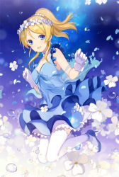 Rule 34 | 10s, 1girl, 6u (eternal land), :d, aqua choker, aqua dress, aqua footwear, aqua skirt, artist name, artist request, ayase eli, bad id, bad pixiv id, bare shoulders, beads, birthday, blonde hair, blue dress, blue eyes, blue skirt, blue sky, blush, breasts, bubble, choker, cleavage, clenched hands, cloud, collarbone, detached collar, dress, earrings, feathers, female focus, flower, flower wreath, frilled dress, frilled shirt collar, frilled skirt, frills, gloves, hair beads, hair between eyes, hair bobbles, hair ornament, happy birthday, head wreath, high heels, high ponytail, jewelry, jumping, lace, lace gloves, long hair, looking at viewer, love live!, love live! school idol festival, love live! school idol project, medium breasts, miniskirt, night, night sky, open mouth, parted lips, petals, plaid, plaid dress, plaid skirt, pleated, pleated dress, pleated skirt, ponytail, short hair, short sleeves, sidelocks, skirt, sky, sleeveless, sleeveless dress, smile, solo, thighhighs, white detached collar, white feathers, white gloves, white petals, white thighhighs, yume no tobira