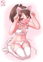 Rule 34 | 10s, 1girl, 2016, anal tail, animal ears, bell, blush, bra, breasts, brown eyes, brown hair, cat cutout, cat ear panties, cat ears, cat lingerie, cat tail, choker, cleavage cutout, clothing cutout, dated, fake animal ears, fake tail, fang, full-face blush, hair ribbon, highres, jingle bell, kanon (kurogane knights), kantai collection, long hair, meme attire, navel, neck bell, open mouth, panties, paw pose, ponytail, ribbon, seiza, shikinami (kancolle), side-tie panties, sitting, small breasts, solo, tail, tears, underwear, underwear only, white bra, white legwear, white panties