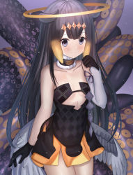 Rule 34 | 1girl, ame sagari, bare shoulders, black dress, black gloves, black hair, blue eyes, blush, breasts, brown hair, closed mouth, collarbone, commentary request, detached sleeves, dress, feathered wings, gloves, gradient hair, grey sleeves, grey wings, halo, hand up, highres, hololive, hololive english, long hair, long sleeves, looking at viewer, low wings, mole, mole under eye, multicolored hair, ninomae ina&#039;nis, ninomae ina&#039;nis (1st costume), sidelocks, single detached sleeve, sleeves past wrists, small breasts, smile, solo, strapless, strapless dress, tentacles, very long hair, virtual youtuber, wings