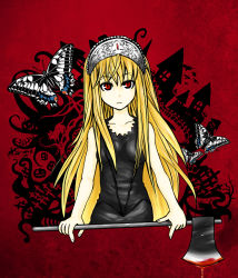 Rule 34 | 1girl, axe, black dress, blonde hair, blood, bug, butterfly, chachamaru-f, dress, female focus, hime (kaibutsu oujo), bug, kaibutsu oujo, long hair, looking at viewer, red eyes, solo, tiara, weapon