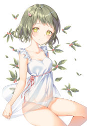 Rule 34 | 1girl, blush, breasts, cha chya, cleavage, collarbone, commentary, dress, frills, green hair, groin, hair ornament, highres, leaf, looking at viewer, microdress, original, panties, see-through, see-through dress, short hair, simple background, sitting, sleeveless, sleeveless dress, small breasts, smile, solo, thighs, underwear, white background, white dress, white panties, wing hair ornament, yellow eyes