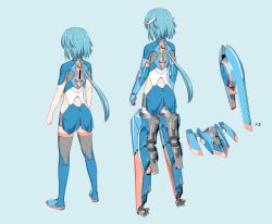 Rule 34 | 1girl, 212 (kisaragi), absurdres, armor, blue footwear, blue hair, bodysuit, boots, butt crack, cleft of venus, clenched hands, concept art, exoskeleton, gloves, grey gloves, gun, highres, long hair, mecha musume, multiple views, original, ponytail, standing, thigh boots, thighhighs, weapon