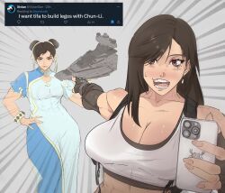 Rule 34 | 2girls, :o, absurdres, black gloves, breasts, brown hair, capcom, china dress, chinese clothes, chun-li, cleavage, collarbone, crop top, crossover, dress, final fantasy, final fantasy vii, fingerless gloves, gloves, hair bun, hand on own hip, highres, holding, holding phone, large breasts, lego, long hair, meme, multiple girls, open mouth, phone, pointing, red eyes, smile, star destroyer, star wars, street fighter, suspenders, swept bangs, tank top, tifa lockhart, tweet, twitter, white tank top, yoracrab