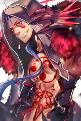 Rule 34 | 1boy, bare pectorals, blue hair, chest tattoo, cu chulainn (fate), cu chulainn (fate) (all), cu chulainn (fate/stay night), cu chulainn alter (fate), cu chulainn alter (fate/grand order), earrings, facepaint, facial mark, fate/grand order, fate (series), fur trim, gloves, grin, highres, hood, jewelry, lancer, long hair, looking at viewer, male focus, pectorals, rahato, red eyes, sharp teeth, smile, solo, spikes, tattoo, teeth, upper body