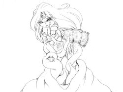 Rule 34 | 1girl, armor, camel (dansen), character request, forehead jewel, long hair, monochrome, monster, restrained, tentacles, vore