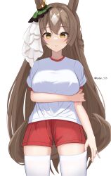 Rule 34 | 1girl, absurdres, animal ears, arm under breasts, braid, breasts, brown hair, commentary request, ear ornament, french braid, hair between eyes, highres, horse ears, horse girl, large breasts, long hair, looking at viewer, lryutanl, multicolored hair, red shorts, satono diamond (umamusume), shirt, short sleeves, shorts, simple background, smile, solo, streaked hair, thighhighs, tracen training uniform, twitter username, umamusume, very long hair, white background, white hair, white shirt, white thighhighs, yellow eyes