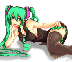 Rule 34 | 1girl, arm support, armpits, at2., blush, breasts, frills, green eyes, green hair, hair ornament, hatsune miku, highres, licking, long hair, looking at viewer, lying, medium breasts, nail polish, on side, sideboob, skirt, solo, thighhighs, twintails, vocaloid, white background, zettai ryouiki