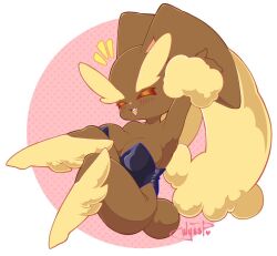 Rule 34 | 1girl, ^ ^, animal nose, arm up, armpits, artist name, bare shoulders, black leotard, blush, body fur, border, breasts, brown fur, buck teeth, cleavage, closed eyes, clothed pokemon, creatures (company), female focus, furry, furry female, game freak, gen 4 pokemon, happy, knee up, knees together feet apart, large breasts, leg up, leotard, long ears, lopunny, nintendo, notice lines, open mouth, outside border, pink background, playboy bunny, pokemon, pokemon (creature), rabbit ears, rabbit girl, rabbit tail, round image, signature, smile, solo, strapless, strapless leotard, teeth, two-tone fur, weepinbelly, white border, yellow fur