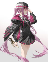Rule 34 | 1girl, absurdres, adjusting eyewear, black dress, black headwear, breasts, cabbie hat, dress, fate/grand order, fate (series), feijiu, hat, highres, holding, holding knife, holding weapon, jacket, knife, long sleeves, medium breasts, medusa (fate), medusa (saber) (fate), pink-tinted eyewear, pink eyes, pink hair, pleated dress, simple background, small breasts, solo, standing, sunglasses, tinted eyewear, twintails, weapon