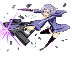 Rule 34 | 1girl, boots, casing ejection, firing, gia, gun, hood, hoodie, knife, muzzle flash, open mouth, original, purple eyes, purple hair, scope, shell casing, short hair, solo, thigh boots, thighhighs, weapon