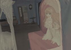Rule 34 | 1girl, bed, bedroom, blonde hair, blue eyes, canopy bed, chest of drawers, chisato charme, closed mouth, dark room, dress, dutch angle, expressionless, frilled dress, frills, highres, indoors, juliet sleeves, long hair, long sleeves, looking at viewer, looking to the side, open door, original, puffy sleeves, sleeve garter, solo, standing, table, through medium, through mirror, vanity table, wavy hair, white dress, wide sleeves, wooden floor