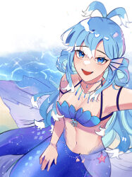 Rule 34 | 1girl, absurdres, artist name, bikini, blue bikini, blue eyes, blue hair, bracelet, breasts, cleavage, commentary, english commentary, fins, furrowed brow, head fins, highres, hololive, hololive indonesia, jewelry, kobo kanaeru, long hair, looking at viewer, medium breasts, mermaid, midriff, monster girl, monsterification, navel, necklace, shell, shell bikini, sidelocks, solo, swimsuit, tsuuuno2, upper body, virtual youtuber