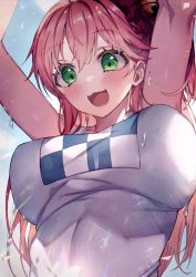 Rule 34 | 1girl, :d, arms up, blush, breasts, green eyes, hololive, large breasts, long hair, open mouth, pink hair, redcomet, sakura miko, shirt, smile, sweat, upper body, virtual youtuber, white shirt