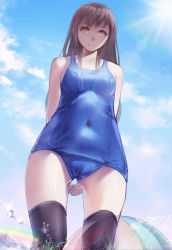 Rule 34 | 1girl, absurdres, arms behind back, ball, beachball, black thighhighs, blue sky, breasts, brown hair, cameltoe, cloud, contrail, covered navel, day, from below, highres, lens flare, long hair, looking at viewer, looking down, mou kankan, one-piece swimsuit, orange eyes, original, rainbow, school swimsuit, sky, small breasts, smile, solo, splashing, sun, swimsuit, thighhighs, water