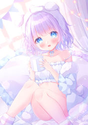 Rule 34 | 1girl, ahoge, animal ears, ankle cuffs, bare shoulders, blue eyes, blush, braid, cinderella bust, collarbone, commentary, crop top, cup, dog ears, dog tail, fake animal ears, fake tail, highres, holding, holding cup, looking at viewer, loungewear, medium hair, neck ribbon, omochi monaka, open mouth, original, pillow, purple hair, resolution mismatch, ribbon, sitting, smile, solo, source larger, stomach, strap slip, tail