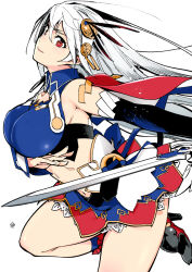 Rule 34 | 1girl, boots, breasts, capelet, crop top, eleonora viltaria, floating hair, hair between eyes, high heels, large breasts, long hair, looking at viewer, madan no ou to vanadis, navel, red eyes, signature, simple background, solo, sora shido, sword, weapon, white background, white hair