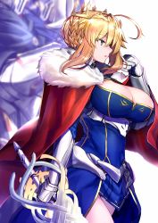 Rule 34 | 1girl, ahoge, aqua eyes, armor, armored dress, artoria pendragon (fate), artoria pendragon (lancer) (fate), blonde hair, blue dress, blue gloves, blurry, blurry background, braid, breasts, cape, cleavage, crown, dress, elbow gloves, fate/grand order, fate (series), faulds, french braid, full armor, fur-trimmed cape, fur trim, gauntlets, gloves, hair between eyes, knight, lance, large breasts, long hair, ninoude (ninoude44), parted lips, polearm, red cape, rhongomyniad (fate), sidelocks, simple background, spear, underbust, weapon, white background