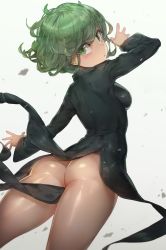 Rule 34 | 1girl, absurdres, arched back, arm up, ass, black dress, blush, breasts, cowboy shot, dress, free style (yohan1754), from behind, from below, green eyes, green hair, grey background, highres, long sleeves, looking at viewer, looking down, medium breasts, messy hair, no panties, one-punch man, outstretched arm, parted lips, shiny skin, short hair, solo, spread fingers, tatsumaki, thighs