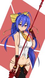Rule 34 | 1girl, antenna hair, blazblue, blazblue: central fiction, blazblue variable heart, blue hair, breasts, cowboy shot, fingerless gloves, genderswap, genderswap (mtf), gloves, hair between eyes, halterneck, halterneck, highres, hip vent, holding, holding weapon, long hair, mai natsume, midriff, navel, no bra, pants, pink eyes, ponytail, sideboob, sidelocks, smile, solo, weapon