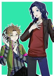 Rule 34 | 2boys, ahoge, black jacket, black pants, blonde hair, blue eyes, blue hair, border, braid, brown eyes, brown hair, chinese commentary, commentary request, cropped jacket, earclip, glasses, gradient eyes, green background, green jacket, grey shirt, hand on own chest, highres, jacket, jewelry, kyoko (akakikyoko), layered sleeves, light particles, long hair, long sleeves, male focus, multicolored eyes, multiple boys, necklace, open clothes, open jacket, open mouth, orie rin, outline, pants, parted bangs, pink trim, rectangular eyewear, red shirt, saibou shinkyoku, sayo kento, shirt, short over long sleeves, short sleeves, simple background, smile, striped clothes, striped shirt, teeth, upper teeth only, vertical-striped clothes, vertical-striped shirt, white border, white outline