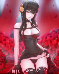 Rule 34 | 1girl, bare shoulders, black dress, black hair, black panties, blurry, blurry background, bow, bow panties, breasts, cleavage, dress, fingerless gloves, flower, gloves, gold hairband, hairband, highres, large breasts, long hair, looking at viewer, mcdobo, panties, petals, red eyes, rose, smile, solo, spy x family, thighhighs, two-sided dress, two-sided fabric, underwear, yor briar