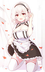 Rule 34 | 1girl, absurdres, apron, azur lane, blush, breasts, choker, cleavage, clothes lift, collarbone, commentary request, curtains, dress, dress lift, falling petals, frilled apron, frilled dress, frills, hair between eyes, hand in own hair, highres, indoors, kneeling, large breasts, lifted by self, looking at viewer, open mouth, paaru, petals, red eyes, short hair, short sleeves, sirius (azur lane), solo, thighhighs, white hair, white thighhighs, window