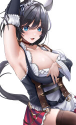 Rule 34 | 1girl, absurdres, animal ears, arm up, armpits, black hair, blue eyes, blush, breasts, cleavage, collarbone, commentary request, detached sleeves, eishin flash (umamusume), hair between eyes, hair ornament, highres, horse ears, horse tail, large breasts, looking at viewer, open mouth, po musubi, presenting armpit, solo, tail, thighhighs, umamusume, white background