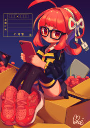Rule 34 | 1girl, absurdres, ahoge, black-framed eyewear, black background, black shirt, black thighhighs, blue background, blush, box, collared shirt, copyright request, glasses, gradient background, highres, holding, holding phone, huge filesize, knees up, long hair, long sleeves, moai (more e 4km), phone, pink footwear, pink hair, red eyes, shirt, shoes, sidelocks, signature, solo, thighhighs, usb, white shirt
