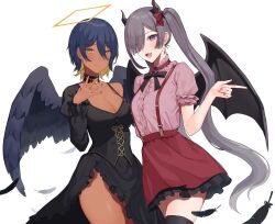 Rule 34 | 2girls, :d, absurdres, agame (agamemega), bat wings, black choker, black dress, black feathers, black wings, blonde hair, blue hair, blush, bow, bowtie, breasts, choker, cleavage, closed mouth, commentary, dark-skinned female, dark skin, demon horns, dress, earrings, feathers, frills, hair over one eye, halo, highres, horns, jewelry, light smile, long hair, long sleeves, multicolored hair, multiple girls, nail polish, open mouth, original, overalls, purple eyes, short hair, simple background, single bare shoulder, single earring, skirt, smile, thighhighs, tongue, two-tone hair, very long hair, white background, wings, yellow eyes