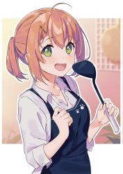 Rule 34 | 1girl, absurdres, ahoge, alternate hairstyle, apron, black apron, blush, breasts, brown hair, cleavage, collarbone, flower, frying pan, green eyes, hair ornament, hairclip, highres, holding, honma himawari, ladle, looking to the side, medium breasts, medium hair, nijisanji, open mouth, pot, shirt, short sleeves, side ponytail, simple background, smile, solo, sunflower, symbol-shaped pupils, teeth, upper body, upper teeth only, virtual youtuber, white shirt, yumesaki nana