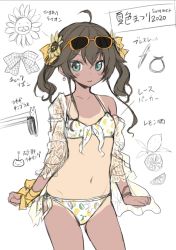 Rule 34 | 1girl, bikini, bow, brown hair, closed mouth, ebi frion (natsuiro matsuri), eyewear on head, flower, front-tie bikini top, front-tie top, gluteal fold, green eyes, hair between eyes, hair bow, hair flower, hair ornament, highres, hololive, lemon print, long hair, minamura haruki, natsuiro matsuri, natsuiro matsuri (summer 2020), navel, one-piece swimsuit, one-piece tan, orange-framed eyewear, orange bow, print bikini, simple background, sketch, smile, solo, sunflower, sunglasses, swimsuit, tan, tanline, translation request, twintails, virtual youtuber, white background, white bikini, wrist bow, yellow flower