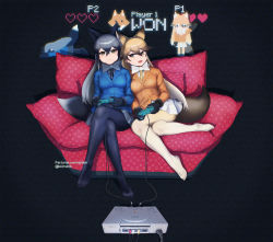 Rule 34 | 2girls, :d, animal ears, annoyed, arm up, beleven, black gloves, black hair, black necktie, black pantyhose, black skirt, blonde hair, blue jacket, bow, bowtie, breast pocket, breasts, brown hair, buttons, cable, chibi, closed mouth, commission, controller, couch, crossed legs, cushion, dualshock, extra ears, ezo red fox (kemono friends), face down, fallen down, fox ears, fox girl, fox tail, full body, fur-trimmed sleeves, fur trim, game console, game controller, gamepad, gloves, grey bow, grey bowtie, grey hair, hair between eyes, highres, holding, holding controller, holding game controller, jacket, kemono friends, leaning to the side, long hair, long sleeves, looking at viewer, lying, medium breasts, microskirt, multicolored hair, multiple girls, necktie, no shoes, on couch, on stomach, open mouth, orange jacket, outstretched arm, paid reward available, pantyhose, parted bangs, pillow, pixel art, playing games, playstation 1, playstation controller, pleated skirt, pocket, pout, side-by-side, silver fox (kemono friends), sitting, skirt, smile, sony, standing, suit jacket, tail, taut clothes, taut jacket, twitter username, two-tone hair, user interface, v-shaped eyebrows, very long hair, white bow, white bowtie, white skirt, yellow necktie