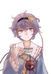 Rule 34 | 1girl, ahoge, bad id, bad twitter id, black hairband, blouse, blue shirt, collar, cup, frilled collar, frills, frown, hair between eyes, hair ornament, hairband, heart, heart hair ornament, komeiji satori, long sleeves, looking to the side, nori (stak819), purple eyes, purple hair, ribbon-trimmed collar, ribbon trim, shirt, short hair, simple background, solo, teacup, third eye, touhou, uneven eyes, upper body, white background, wide sleeves
