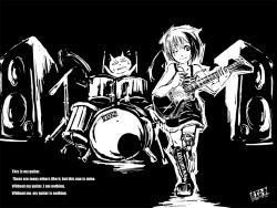 Rule 34 | 1girl, amputee, artist name, band, bass guitar, big-d, big-d (artist), bikko, cat, english text, full metal jacket, greyscale, guitar, high contrast, instrument, monochrome, multicolored hair, one-eyed, original, solo, text focus, two-tone hair, wallpaper