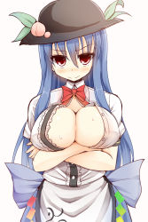 Rule 34 | 1girl, alternate breast size, blue hair, blush, breasts, cleavage, cleavage cutout, clothing cutout, crossed arms, facominn, food, fruit, hat, highres, hinanawi tenshi, large breasts, long hair, looking at viewer, peach, red eyes, simple background, smile, solo, touhou, white background