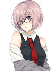 Rule 34 | 1girl, bare shoulders, black dress, collared dress, dress, eyes visible through hair, fate/grand order, fate (series), glasses, hair over one eye, highres, jacket, mash kyrielight, necktie, off shoulder, parted lips, print necktie, purple eyes, purple hair, red necktie, rinarisa, short hair, simple background, solo, upper body, white background