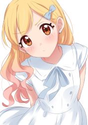 Rule 34 | 1girl, :/, aikatsu!, aikatsu! (series), blonde hair, blue bow, blue ribbon, blush, bow, buttons, closed mouth, double-breasted, dress, earrings, flower earrings, gradient hair, hair bow, hair down, head tilt, highres, jewelry, leaning forward, leaning to the side, long hair, looking at viewer, multicolored hair, neck ribbon, nijino yume, pink hair, ribbon, sekina, solo, white dress