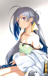 Rule 34 | 10s, 1girl, ahoge, bare shoulders, grey hair, highres, kantai collection, kiyoshimo (kancolle), long hair, military, military uniform, off shoulder, polka dot, realmbw, solo, strap slip, twintails, undressing, uniform