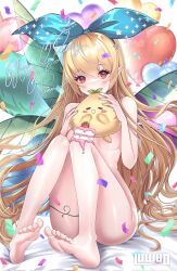 Rule 34 | 1girl, balloon, bed sheet, blonde hair, blush, breasts, cake, cake slice, confetti, convenient censoring, embarrassed, english text, feet, food, fruit, full body, highres, hugging object, long hair, looking at viewer, luwudco, nails, nijisanji, nijisanji en, nude, pillow, pillow hug, pointy ears, pomu rainpuff, red eyes, serious, signature, small breasts, soles, source request, strawberry, virtual youtuber, white background