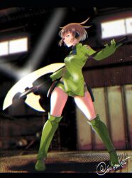 Rule 34 | 1girl, aqua eyes, axe, battle axe, blurry, blurry background, bob cut, boots, breasts, brown hair, full body, gloves, green eyes, green footwear, green gloves, green shorts, hair flaps, headphones, highres, holding, holding weapon, holster, indoors, knee boots, konami kirie, legs apart, letterboxed, light particles, looking at viewer, medium breasts, pelvic curtain, profile, short hair, short shorts, shorts, sideways glance, signature, solo, standing, sunlight, swkzw1015, uniform, weapon, world trigger