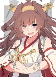 Rule 34 | 1girl, absurdres, ahoge, artist name, bare shoulders, breasts, brown hair, commentary, commentary request, crossed arms, detached sleeves, eyes visible through hair, fang, hairband, headgear, highres, japanese clothes, kantai collection, kimono, kongou (kancolle), large breasts, long hair, looking at viewer, nontraditional miko, outside border, purple eyes, ribbon-trimmed sleeves, ribbon trim, sakakiba misogi, solo, v-shaped eyebrows, white kimono, wide sleeves