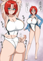 Rule 34 | 1girl, arms up, ass, bare shoulders, barefoot, blue jacket, boudica (fate), breasts, cleavage, collarbone, competition swimsuit, fate/grand order, fate (series), full body, glasses, green eyes, highres, jacket, large breasts, long sleeves, looking at viewer, multiple views, muta poo, one-piece swimsuit, open mouth, red hair, short hair, simple background, smile, speech bubble, swimsuit, translation request, whistle, whistle around neck, white background