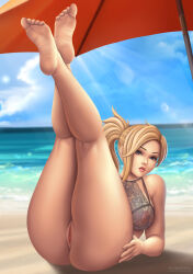 Rule 34 | 1girl, absurdres, barefoot, beach, black lingerie, blonde hair, blue eyes, bottomless, covered erect nipples, day, female focus, flowerxl, hair ornament, highres, legs up, lingerie, mercy, mercy (overwatch), nipples, nipples visible through bra, no underwear (female), ocean, overwatch, parasol, pussy, sitting, solo, solo focus, thighhighs, thong, umbrella, underwear, video game character