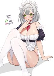 Rule 34 | 1girl, absurdres, black shirt, blush, braid, breasts, cleavage, commentary request, feet out of frame, genshin impact, green eyes, highres, knees up, large breasts, maid, maid headdress, nemuaki, noelle (genshin impact), off shoulder, shirt, short hair, simple background, single bare shoulder, sitting, solo, thighhighs, thighs, white background, white hair, white thighhighs