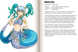 Rule 34 | 1girl, bad link, blue hair, blush, character profile, earrings, english text, hard-translated, jewelry, kenkou cross, lamia, living hair, medusa (monster girl encyclopedia), monster girl, monster girl encyclopedia, navel, official art, pointy ears, scales, slit pupils, snake, snake hair, solo, tail, third-party edit, tongue, translated, twintails, yellow eyes