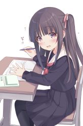 Rule 34 | 1girl, black pantyhose, black serafuku, black skirt, blush, brown hair, chair, commentary request, desk, feet out of frame, hair ribbon, highres, holding, holding pencil, long sleeves, mechanical pencil, na-ga, neckerchief, notebook, on chair, original, pantyhose, pencil, pink ribbon, pleated skirt, purple eyes, red neckerchief, ribbon, sailor collar, school chair, school desk, school uniform, serafuku, side ponytail, sidelocks, sitting, skirt, solo, textbook, white background, white sailor collar