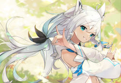 Rule 34 | 1girl, animal ear fluff, animal ears, black ribbon, blouse, blue eyes, commentary, detached sleeves, double fox shadow puppet, ear piercing, floating hair, fox ears, fox shadow puppet, hair between eyes, hair ribbon, hands up, highres, hololive, hololive gamers, long hair, long sleeves, looking at viewer, midriff, mimizuku (mmiganaru), navel, parted lips, piercing, ribbon, shirakami fubuki, shirakami fubuki (1st costume), shirt, smile, solo, symbol-only commentary, upper body, v-shaped eyebrows, virtual youtuber, white hair, white shirt