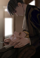 Rule 34 | 2boys, adam&#039;s apple, ascot, black coat, black hair, blonde hair, blue eyes, blurry, blurry background, chinese commentary, chuantangfeng draft, coat, collared shirt, commentary, couch, erwin smith, from side, hand on another&#039;s face, highres, holding razor, indoors, levi (shingeki no kyojin), light particles, looking at another, looking down, looking up, lying, male focus, multiple boys, on back, on couch, profile, razor, shaving, shaving another, shaving cream, shingeki no kyojin, shirt, short hair, white ascot, white shirt, yaoi