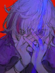 Rule 34 | 1boy, @ @, absurdres, black eyes, blue hair, bracelet, eyes visible through hair, fingernails, fuwa minato, grey hair, hands on own face, highres, jacket, jewelry, male focus, multicolored hair, nijisanji, open mouth, padded jacket, purple hair, purple jacket, red background, red hair, rit3set, simple background, sketch, solo, teeth, upper body, virtual youtuber, wristband